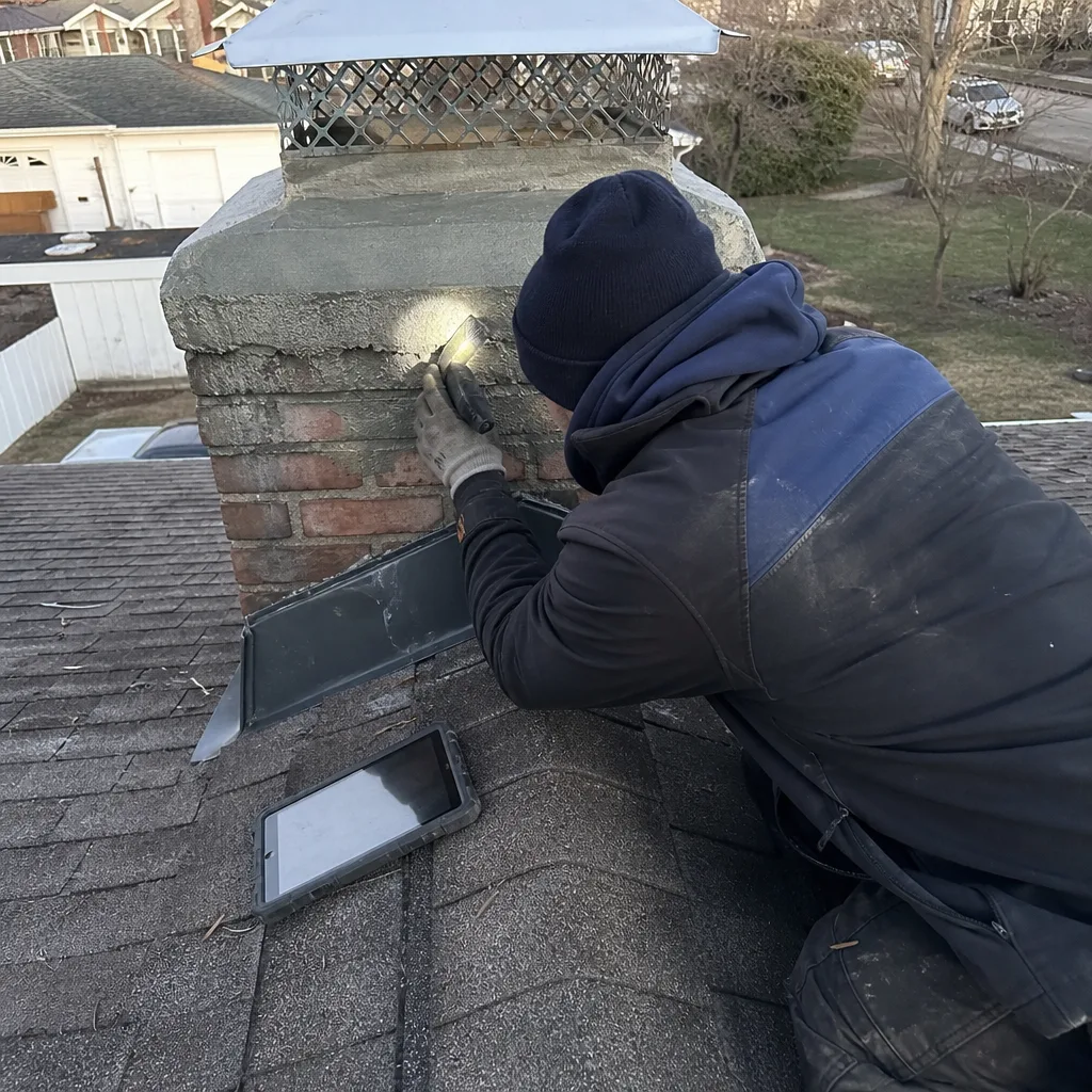 Professional technician performing a comprehensive chimney inspection on a residential roof.