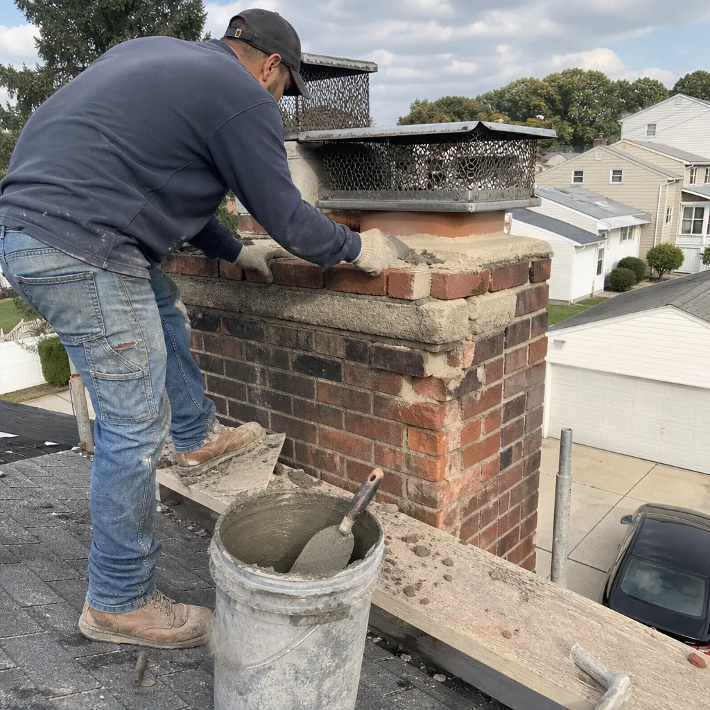 Professional contractor performing brick chimney repair and mortar work on a roof