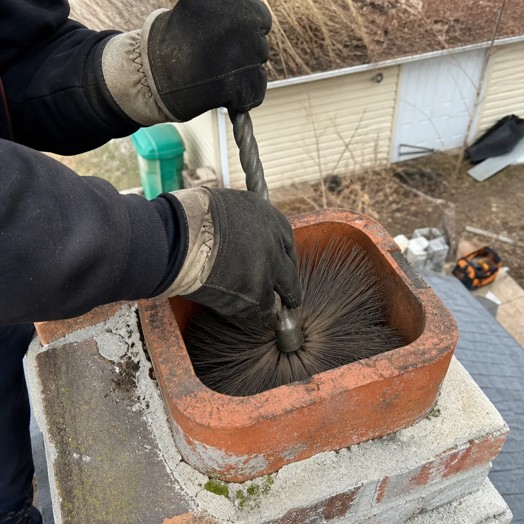 Professional chimney sweep cleaning soot from a residential chimney flue