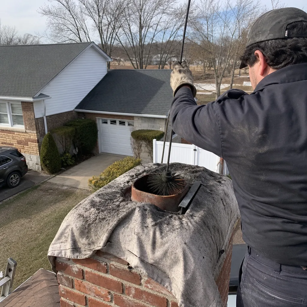 Professional chimney sweep cleaning a brick chimney with a wire brush