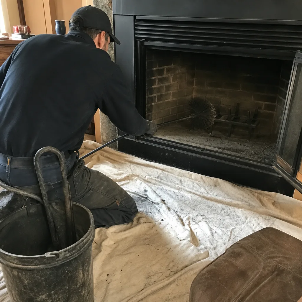Professional chimney sweep cleaning a residential fireplace with a wire brush.